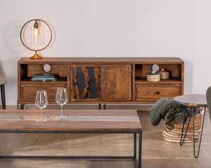 Meuble TV ethnique 175cm en acacia massif avec pieds en métal noir Membatu - Product Image 2