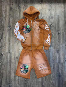 Apliques bordados parche desgastado lavado ácido Vintage multicolor 100% algodón Sudadera con capucha pantalones cortos 2 piezas Unisex verano High Street - Product Image 6