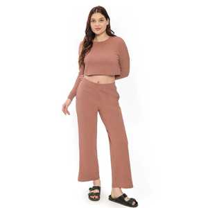 Top et pantalon à manches longues en tricot mélangé de polyester pour femmes-Ensemble d'approvisionnement en vrac-Tenue décontractée - Product Image 2