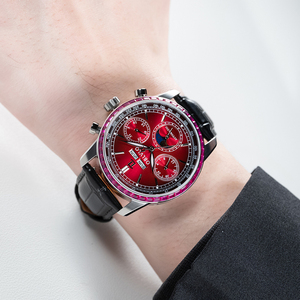 <span class=keywords><strong>Oblvlo</strong></span> นาฬิกาข้อมือกลไกอัตโนมัติสำหรับผู้ชาย, นาฬิกา Moonphase มัลติฟังก์ชันหน้าปัดสีแดงคลาสสิก - Product Image 1