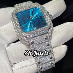 Montre-bracelet analogique en verre bleu faite à la main de 41 mm, bracelet en acier inoxydable de 20 mm, entièrement sertie de pierres de laboratoire VVS, mécanique, bijoux en acier inoxydable SSN58 - Product Image 2