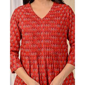 Ensemble Kurta et pantalon en coton imprimé rouge, style Salwar Kameez, broderie, tissu en filet, pour filles, tenue ethnique indienne pour les fêtes - Product Image 2
