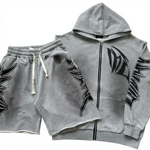 Cardigan à imprimé vieilli, sweat à capuche, ensemble décontracté short homme/femme - Product Image 1