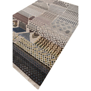 Alfombra Manchaha de Lana y Seda de Bambú Anudada a Mano, Color Marfil, 10 mm de Grosor, Patrón Geométrico Abstracto, Rectangular, para Pasillo u Hogar - Les-2607 - Product Image 2