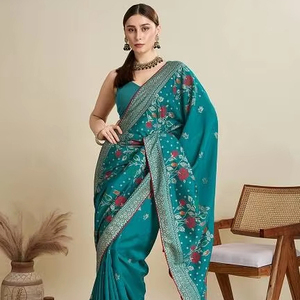 ผ้าส่าหรีผ้าฝ้ายผสมไหมสำหรับผู้หญิง ลายพิมพ์ฟอยล์ สไตล์อินเดีย ปากีสถาน เหมาะสำหรับงานแต่งงาน งานปาร์ตี้ แห้งเร็ว ทุกโอกาส - Product Image 1