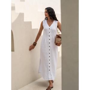 Vêtements personnalisés d'usine 100% coton taille naturelle longueur au sol col en V sans manches lâche été bord de mer élégante robe Maxi coréenne - Product Image 1