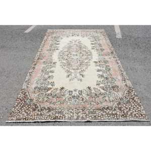 Alfombra clásica de lana rosa Beige de 5,5x9 pies, alfombra turca para sala de estar, diseño de tejido de retazos, respaldo de látex, rompecabezas rectangular para pasillo - Product Image 1