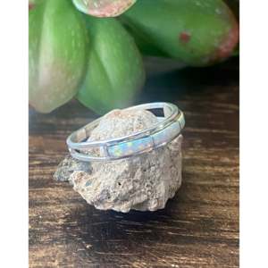Navajo Handmade Sterling Silver Cluster <b>Rings</b> White <b>Opal</b> Princess Cut Topaz Cross Pattern Inlay Invisible for Everyday Wear - Product Image 3