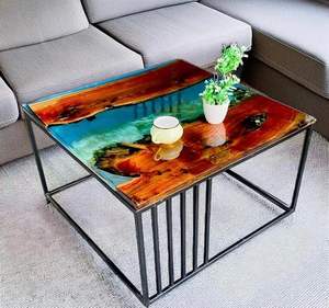 Nueva Mesa de Comedor Cuadrada de Resina Hecha a Mano, Moderna y de Lujo, con Base de Madera de Acacia Sólida, Personalizable, con Elegante Diseño de Río, Decoración Artística - Product Image 2