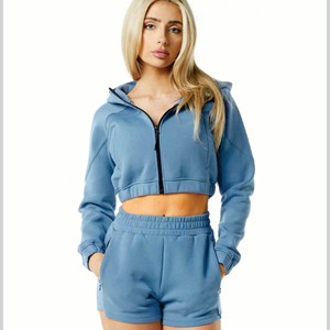 Vente en gros, sweat-shirt court à manches longues personnalisé, avec cordon de serrage, veste en polaire pour femmes, sweat à capuche zippé - Product Image 1