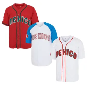 Özel Logo dikiş nakış boş spor açık kırmızı beyaz mavi kollu Vintage meksika beyzbol formaları