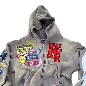 Ropa de calle de alta calidad de algodón de rizo francés Sun Faded Vintage Zip Up Washed Custom Distressed Bordado Patch Hoodies para hombres - Product Image 2