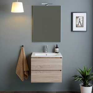 Meuble de salle de bain de 60 cm avec 2 tiroirs effet bois, miroir et lampe Belize, ensembles de salle de bain - Product Image 2