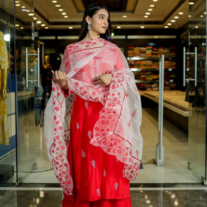 Traditional Indian/Pakistani Style Rayon Salwar Kameez Knee-Length O-Neck <b>Sequined</b> Decoration Ready-Made Fully Stitched Dresses - Product Image 1
