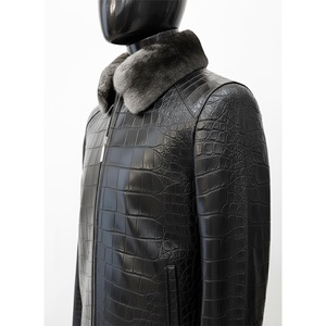 Chaqueta de cuero genuino para hombre, diseño de cocodrilo, con cuello de piel, cierre de cremallera, ropa de abrigo para invierno, servicio OEM personalizado. - Product Image 6