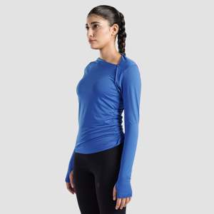 Sleek Imperial Blue Ruche <b>Top</b> Fashionable Breathable Yoga <b>Top</b> with Seamless Design Front Logo Solid Style - Product Image 3