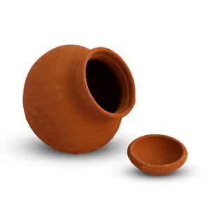 Dispensador de agua de terracota cilíndrico alto con tapa y grifo plateado-Purificador de agua de arcilla natural y enfriador con base - Product Image 5