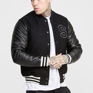แจ็กเก็ตเบสบอลขนสัตว์สำหรับนักเรียนของผู้ชายเสื้อแจ็คเก็ตแขนหนังสีดำระบายอากาศผ้าใบ - Product Image 1