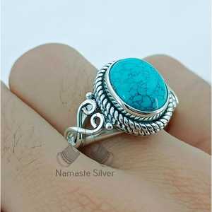 Turquoise Ovaled Cut Gemstone <b>Ring</b> Handmade Boho <b>Statement</b> Sterling Silver Jewelry Anniversary Birthday Christmas Gift for Her - Product Image 1
