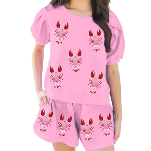 Ensemble haut et short en coton décontracté de qualité supérieure pour femmes, manches bouffantes, pour la saison des écrevisses, célébration, design personnalisé, vente en gros - Product Image 1