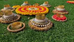 Diwali Decor Rangoli Mat Indian Diwali Gift Cesto Artículos Pearl Tealight Holder Vela Diya Decor Indian Festival Decoración - Product Image 3