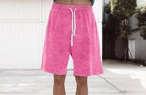 Customized Streetwear Acid Washed Rhinestone French Terry Pink Sweat <b>Shorts</b> for <b>Men</b> Embroidery Hip Hop Drawstring Summer Fashion - Product Image 4
