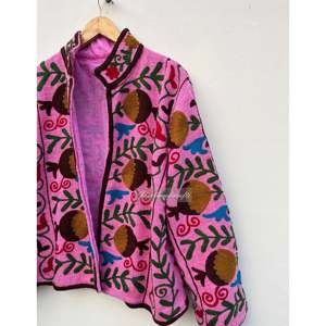 Pink Hand Embroidered Woven Cotton Blazer <b>Mandarin</b> <b>Collar</b> Full Sleeve Floral Pattern Women's <b>Jacket</b> Winter - Product Image 3