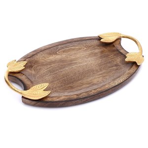 Plateau de service rectangulaire en bois d'acacia rustique fait main avec poignées en fer forgé, plateau ottoman pour table basse et plateau de restaurant - Product Image 5