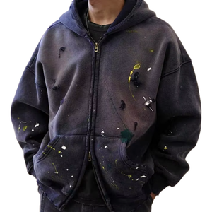 Sudadera con Capucha para Hombre, Estilo Vintage Francés, 100% Algodón, Lavada, Desgastada, Gruesa, con Doble Cremallera y Diseño de Salpicaduras de Pintura, Alta Calidad OEM - Product Image 1