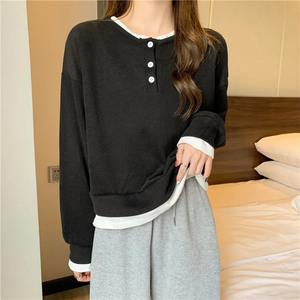 Sudaderas de Jersey informales para mujer, sudaderas con capucha de manga larga con estampado de retazos y cuello redondo, estilo pijo, ajuste holgado - Product Image 2