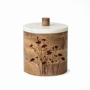 Wooden Storage Jar <b>with</b> Cat Eyes Carving and Marble <b>Lid</b> Handcrafted Mango Wood Animal Lovers Decor - Product Image 4