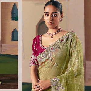 Vêtements de créateur pour femmes Saree en soie de haute qualité Tissu de verre souple Bordure brodée Style traditionnel moderne pour mariage indien - Product Image 1