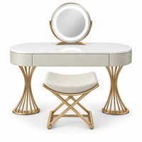 Ensemble de table de maquillage blanche de luxe avec miroir rond LED, tiroirs de rangement, tabouret rembourré, taille et couleur personnalisées, garantie de 2 ans