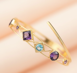 Bracelet en argent sterling 925 plaqué or 18 carats avec améthyste bleue carrée de 10 mm et topaze bleue ronde, à porter tous les jours, cadeau pour elle - Product Image 2