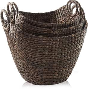 Ensemble de 3 paniers de rangement en jacinthe d'eau foncée de haute qualité, écologiques, avec poignées, tissés, rustiques, multi-usages pour la chambre - Product Image 2