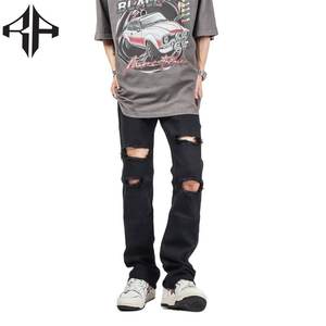 Transferencia de calor impreso de punto lavado hombres transpirable algodón recto pierna ancha holgado alta calidad al por mayor Regular Fit Denim - Product Image 3