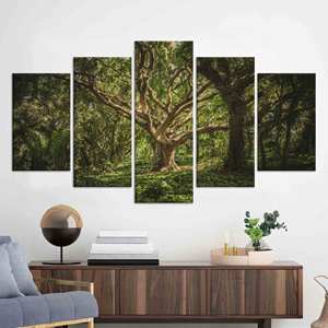 Old Tree Landscape Canvas <b>Print</b>: Elegant Minimalist Tempered Glass Wall <b>Art</b>,SET OF 5 MIX CANVAS - Product Image 1