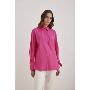 Blusa de Popelina con Ribete en Contraste Fucsia - Corte Holgado Estilo Retro para Primavera Verano - Product Image 1