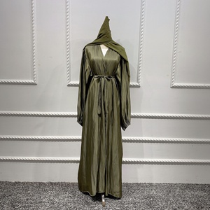 Robe Abaya élégante ouverte en satin Robe d'été arabe islamique Hijab Broderie Dubaï Imité Soie tissée Soirée Eid Poche Musulman - Product Image 3