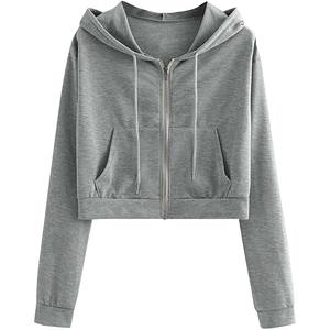 Sweat-shirt à capuche zippé court basique pour femme, léger, uni, décontracté, en polaire, pour la vente en gros - Product Image 1