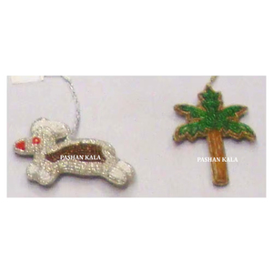 Belle broderie Zari argentée en forme d'animal et d'arbre avec travail perlé pour la décoration de la maison et l'ornement suspendu d'arbre de Noël - Product Image 1