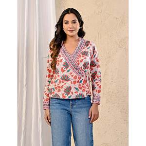 Blusa de Popelina Blanca para Mujer con Estampado Jaal, Cuello Asimétrico y Decoración Floral Bordada, Talla Única y XL Disponible - Product Image 1