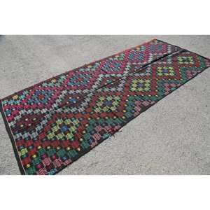 Tapis Ethnique Vintage Turc 4.5X11 pieds Noir Laine Matériel Latex Grande Surface Rectangle pour Couloir Chambre Design Abstrait - Product Image 2