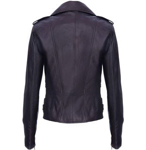 Blouson moto en cuir véritable pour femme, col rabattu, fermeture éclair, manches longues, style motard, couleur unie, idéal pour l'automne - Product Image 2