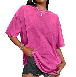 Camisetas de Algodón de Alta Calidad con Lavado Ácido, Diseño Nuevo, Cuello Redondo, Impresión Personalizada DTF, Camisetas Vintage Lavadas de Verano para Mujer, Venta al Por Mayor - Product Image 3