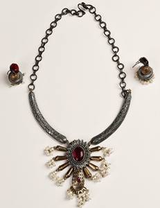 Ensemble collier pendentif en perles imitation rubis bicolore oxydé avec boucles d'oreilles jhumka, cadeau pour elle - Product Image 4