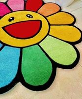 Takashi Murakami, alfombra moderna hecha a mano de lana copetuda, 3x3 pies, flor colorida y Diseño de Sonrisa para sala de estar, dormitorio, comedor