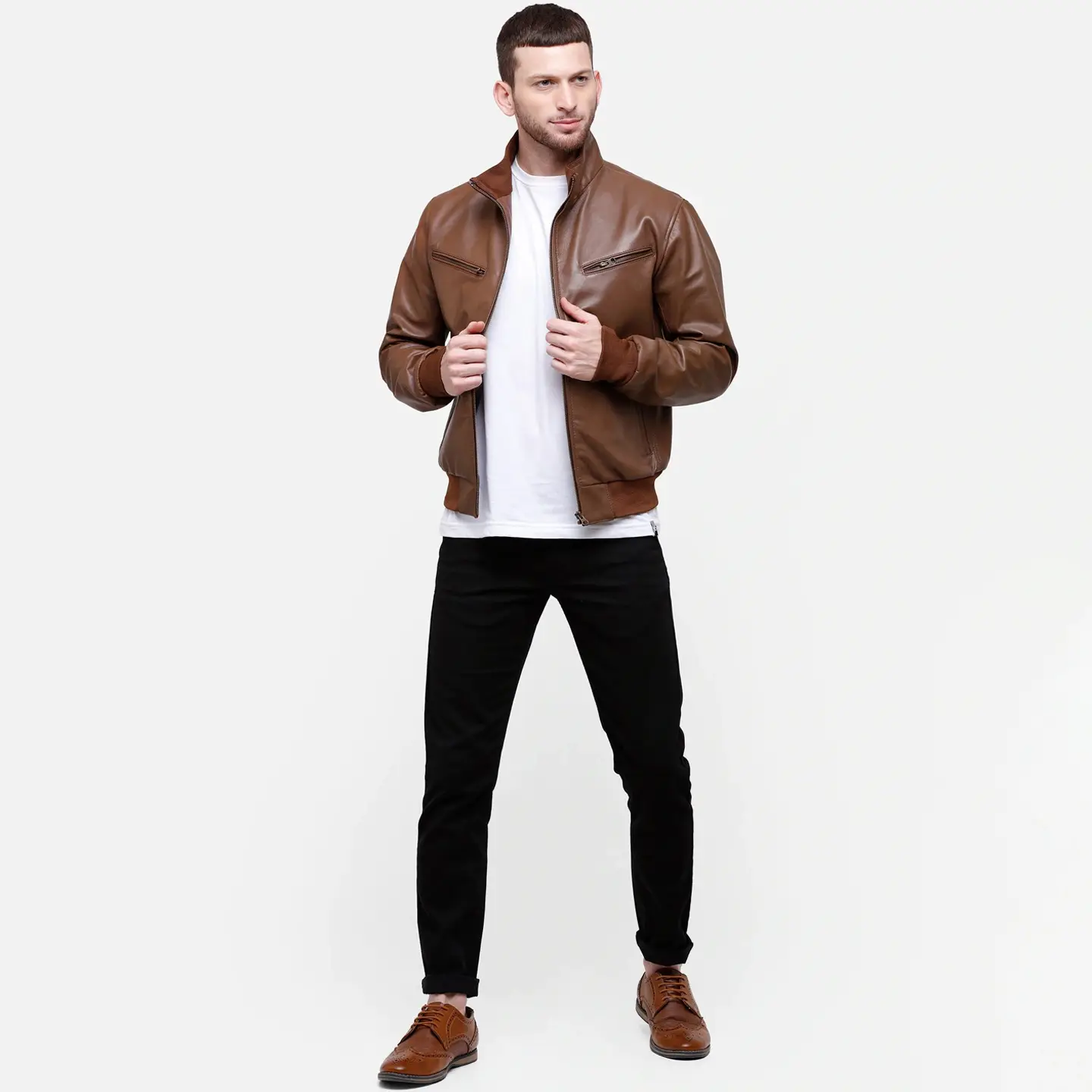 Jaket kulit pria, jaket kulit pria warna coklat klasik, desain mode baru