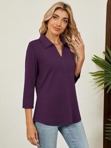 Chemisier élégant à col et manches 3/4 pour femme, qualité supérieure |   Haut décontracté en coton/élasthanne respirant à col en V doux |   Logo OEM personnalisé - Product Image 4