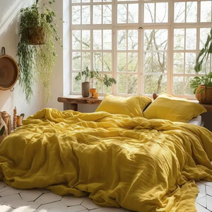 Wholesale Mustard Linen Duvet Cover <b>Set</b> Softened Yellow <b>Comforter</b> Quilt Coconut Buttons Ribbon Ties 200TC for Home Hospitals - Product Image 1